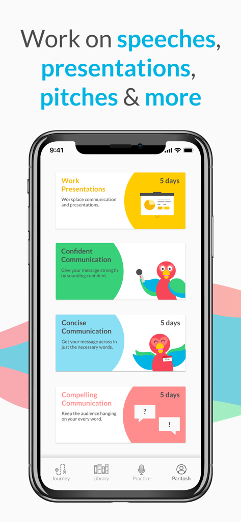 Mobile app screen displaying public speaking training modules for professional communication