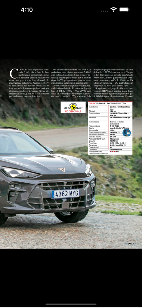 A page from the Altagama magazine featuring a detailed review and technical specifications for the Cupra Terramar car