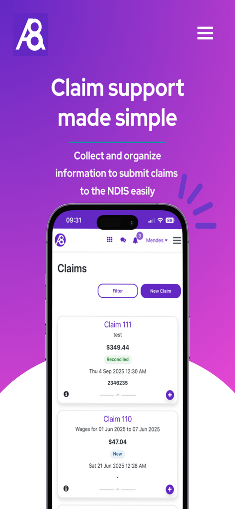 Ability8 - A mobile screen showing the Ability8 app interface for tracking and managing NDIS claims with status and amount details