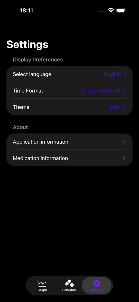 El menú de configuración de la aplicación Schedurall que muestra las opciones de formato de idioma y hora en modo oscuro.