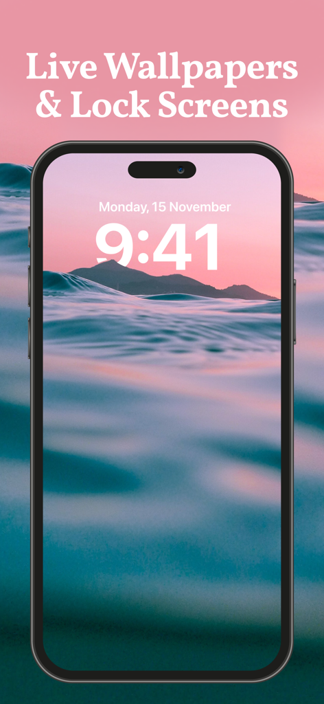 iPhone lock screen displaying a serene pink sunset and blue ocean wave live wallpaper