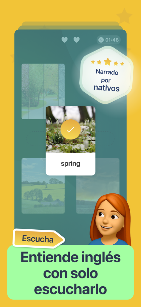 Interfaz de la aplicacion Starlex para aprender ingles con ejercicios de escucha y tarjetas de vocabulario narradas por nativos