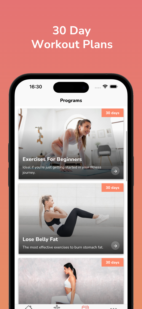 Hourglass Figure Challenge - Mobile app screen displaying various 30-day fitness programs including beginner exercises and belly fat loss routines