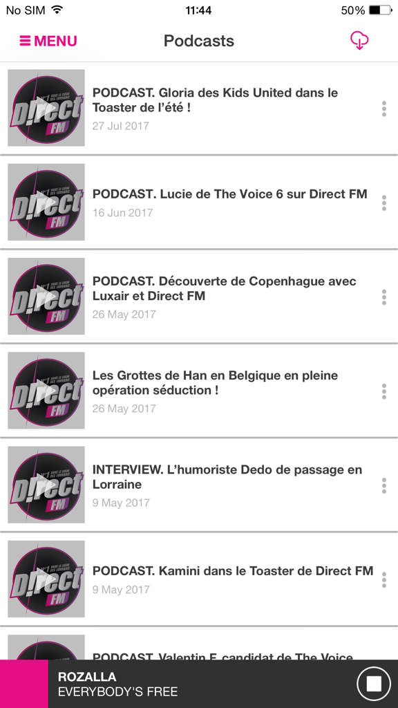 DIRECT FM - List of available podcasts on the Direct FM radio mobile application interface.