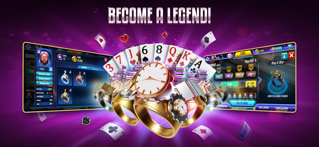Banner promocional de Gin Rummy Legends mostrando recompensas del juego, perfiles de jugadores e interfaces de torneos sobre un vibrante fondo morado.