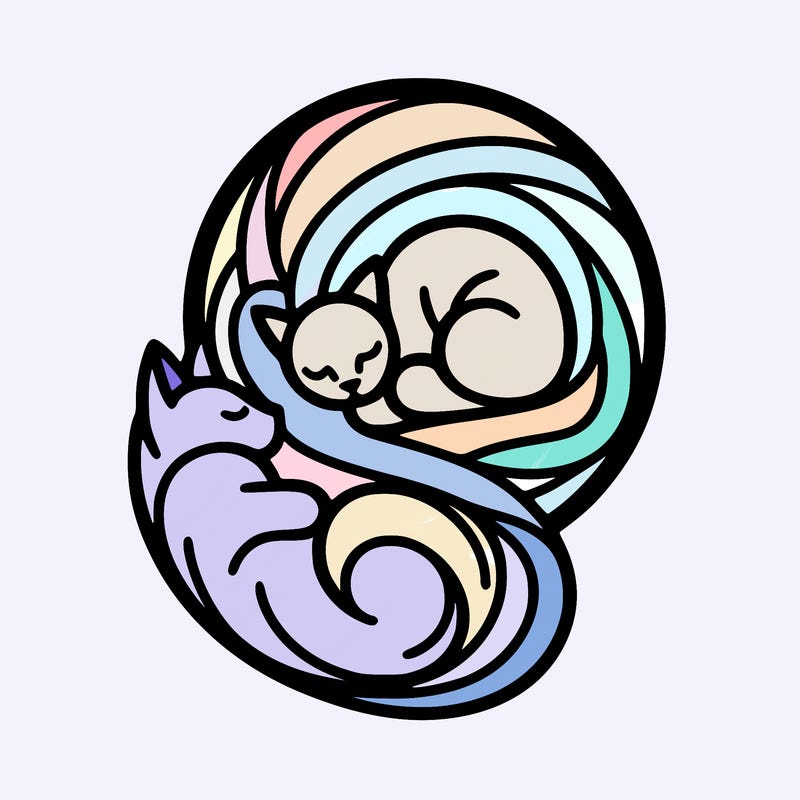 abstract art designed cat curled in a ball seeing reflection of itself