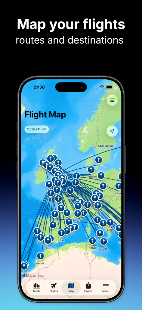 Pilot Logbook - A digital flight map showing multiple routes and destinations for pilots