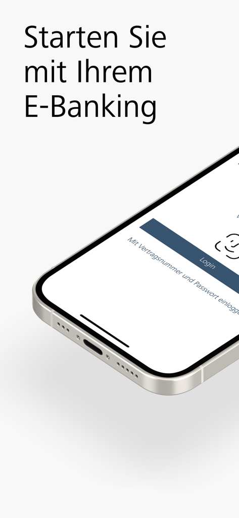 Smartphone mostrando la pantalla de inicio de sesión de la aplicación Raiffeisen E-Banking con el titular 'Starten Sie mit Ihrem E-Banking'.