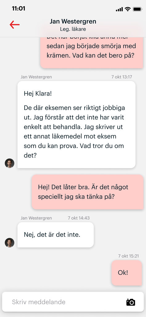 Min Doktor – Vård & vaccin - Ecrã de chat da aplicação Min Doktor mostrando uma consulta médica com um médico