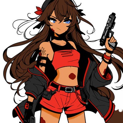 bad girl wearing crop top holding a gun long hair anime