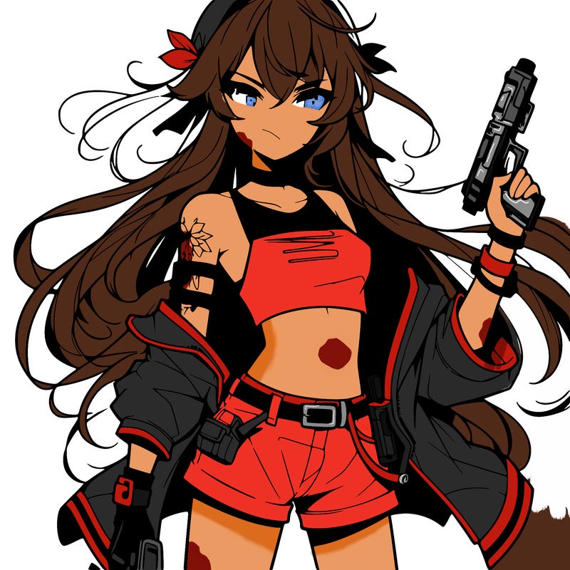 bad girl wearing crop top holding a gun long hair anime