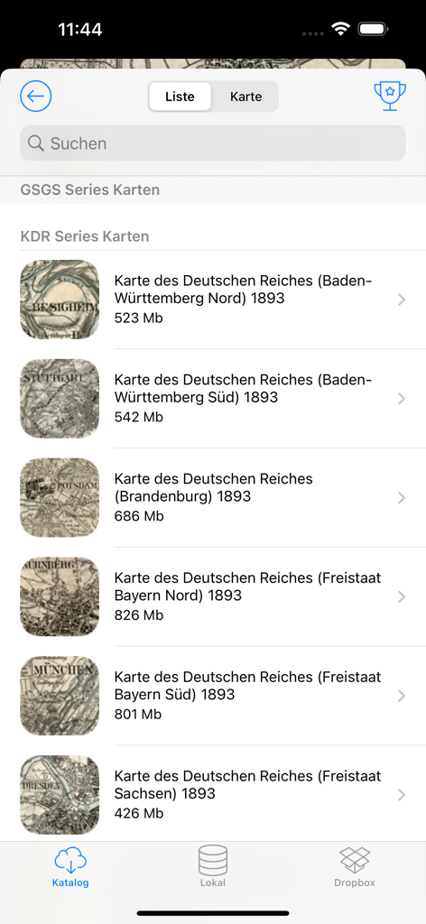 Vetus Maps - Vetus Maps app interface showing a list of downloadable historical maps of Germany from 1893