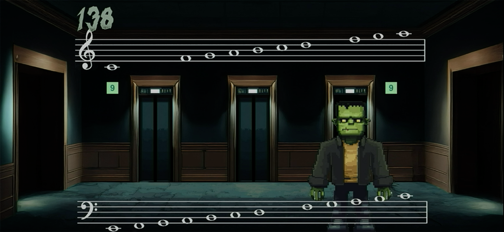 Music Monsters - Jugabilidad de Music Monsters con Frankenstein y notas musicales en un pentagrama en el vestíbulo de un hotel embrujado