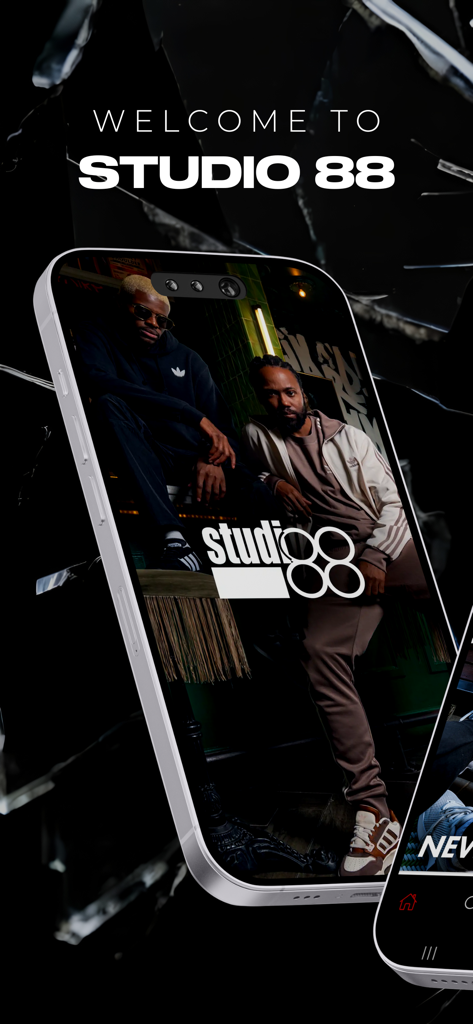 Studio 88 App - Studio 88 app welcome screen showing urban streetwear and sneakers