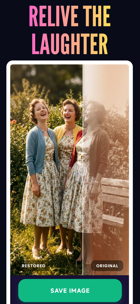 Revive AI: Restore Old Photos - Side by side comparison of an original faded sepia photo and a restored colorized version using AI