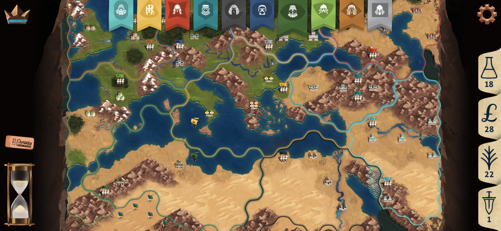 Ozymandias - Ozymandias game screen showing a hand painted map of the Mediterranean with Bronze Age empire icons and strategic resources