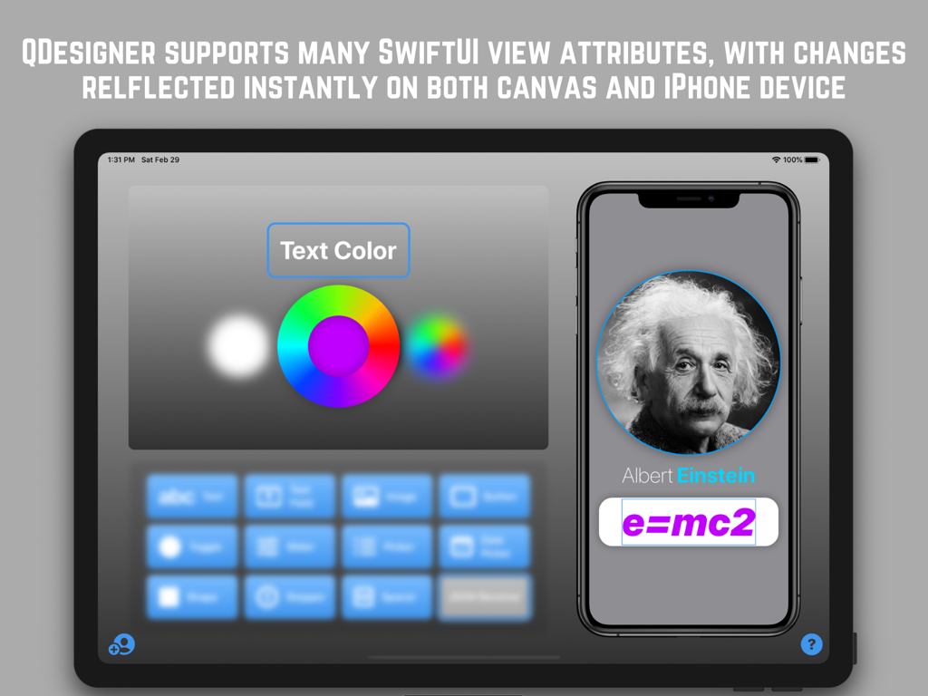 QDesigner - QDesigner iPad interface showing real-time SwiftUI attribute changes and live iPhone preview