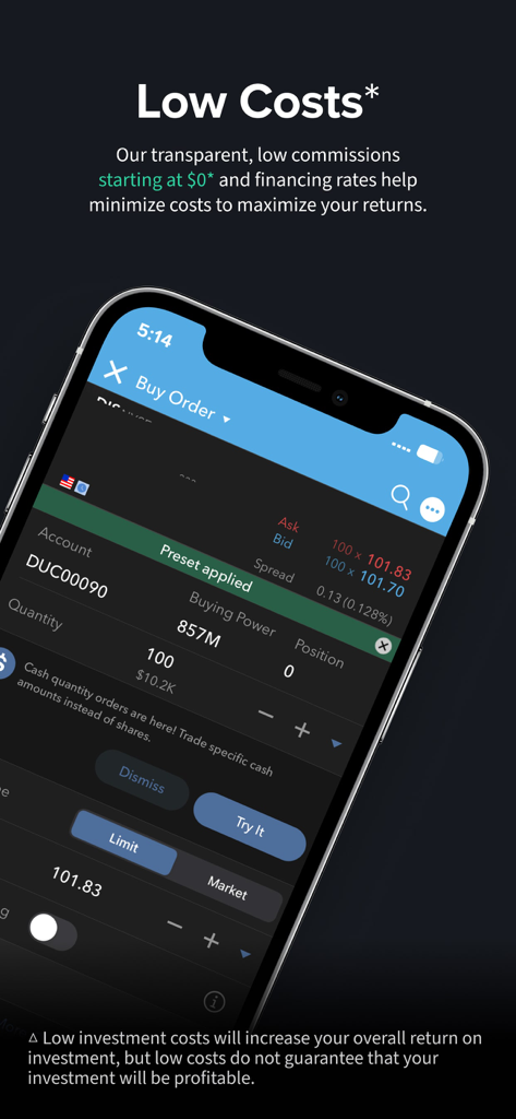 Handy Trader app buy order screen showing transparent trading costs and low commissions.