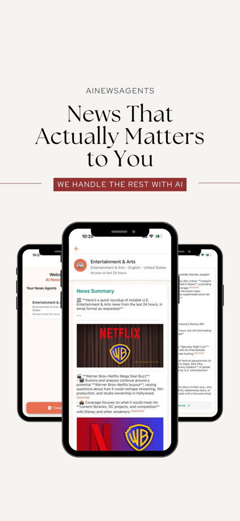 AI News Agents - Application AI News Agents montrant des résumés d'actualités personnalisés et des aperçus IA