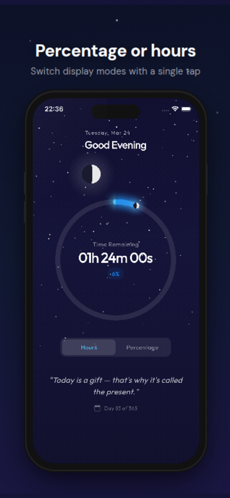 Daycent - Day Progress Tracker - Daycent app interface showing time remaining in hours and minutes with a circular progress tracker
