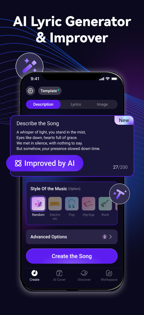 Interfaz de la aplicación Rythmix que muestra la función AI Lyric Generator and Improver con un cuadro de descripción de la canción y opciones de estilo musical.