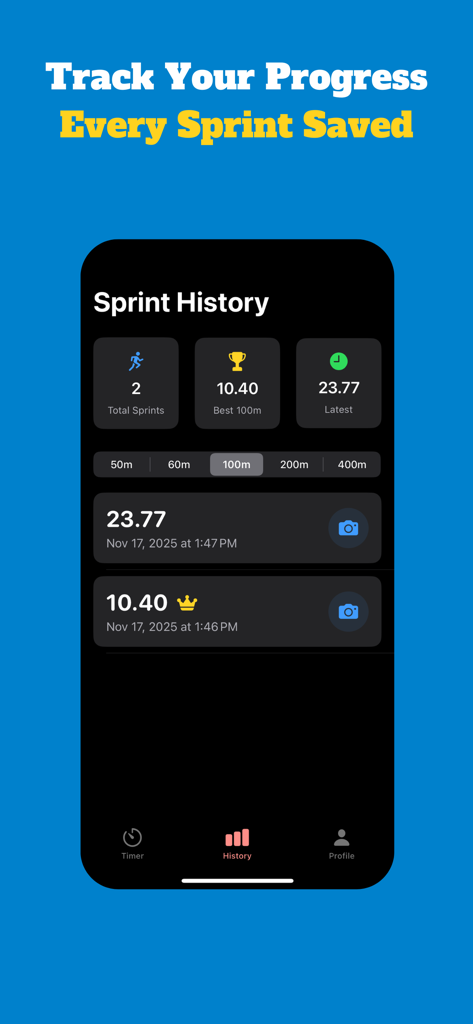 SoloSprint app history screen showing sprint performance metrics and personal best records