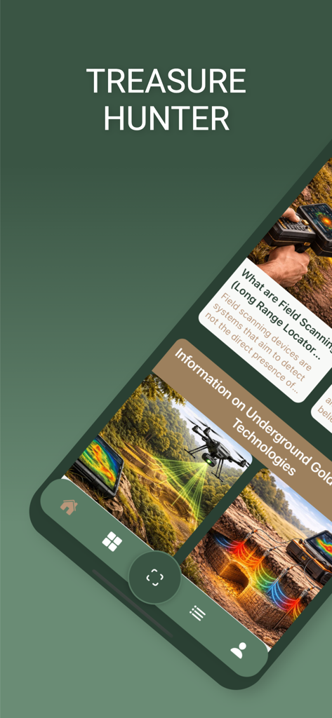 Treasure Hunter X - Interface of the Treasure Hunter X app showing guides for underground gold detection and field scanning technologies.