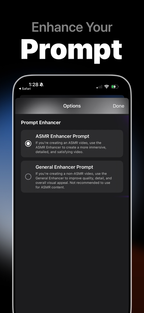 AI ASMR Video Generator: CALMR - Interface showing prompt enhancer options in the CALMR AI ASMR Video Generator app including ASMR and General Enhancer prompts.