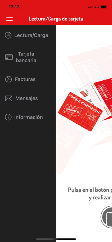 Side menu of the Tarjeta Transporte app for Madrid public transport showing navigation options like card loading and billing