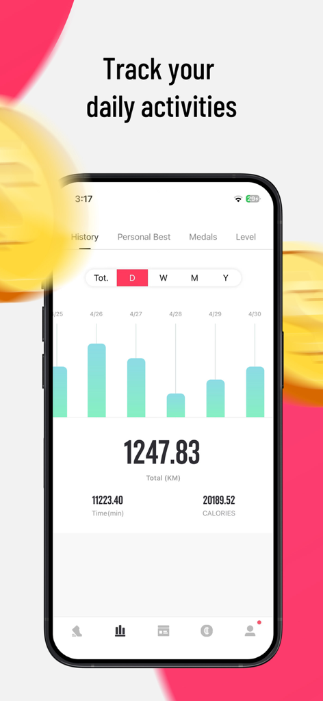 Runtopia-Reward RunningTracker - 총 거리 및 칼로리 통계와 함께 Runtopia 앱 일일 활동 기록 차트를 표시하는 휴대폰