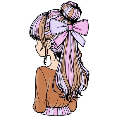 realistic girl  with hip length hair a bun and a big bow on the back of head