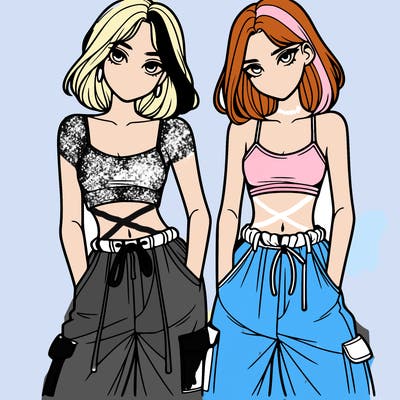 two girls with crop top with baggy pants