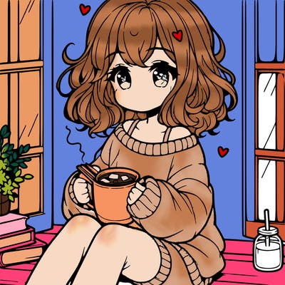cute anime girl reading book and drinking hot chocolate from mug with loose wavy hair wearing a baggy sweatshirt and shorts sitting by windowsill looking out