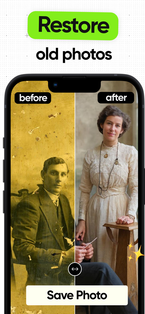 Restore Old Photos: Restorio - Ein Vorher-Nachher-Schieberegler auf einem Smartphone, der die Restaurierung und Kolorierung eines verblassten Vintage-Fotos demonstriert.