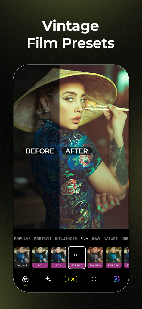 Visual LabX: AI Photo Editor - Visual LabXアプリのインターフェース。ビンテージフィルムプリセットを使用した写真編集の編集前と編集後の表示。