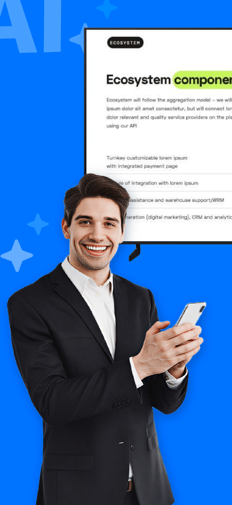 MultiCast - Cast to TV - A man in a suit using a smartphone to mirror a document onto a large TV screen