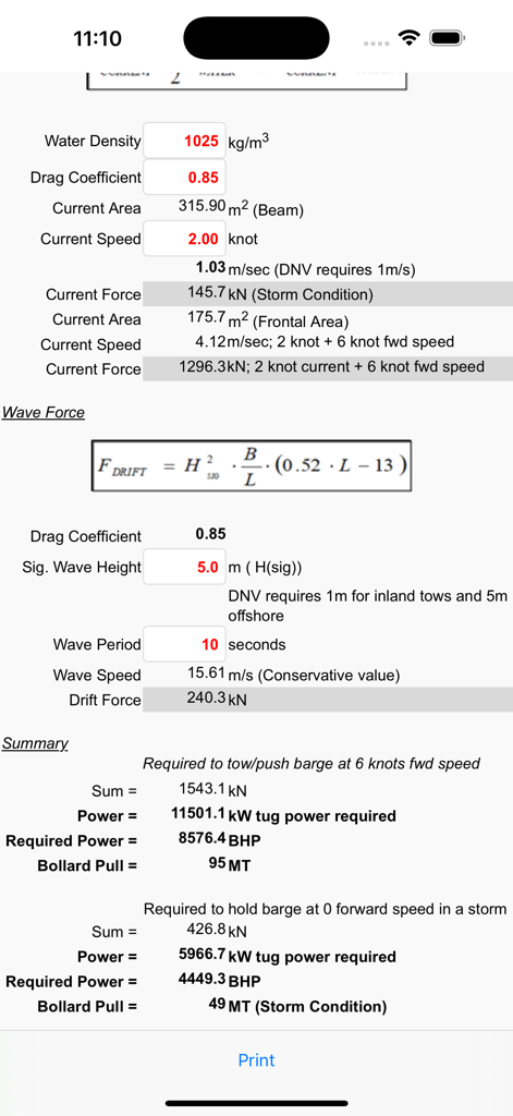 Tug kW Power - Riepilogo dei calcoli di potenza del rimorchiatore e tiro al pagliolo per condizioni di rimorchio e tempesta nell'app Tug kW Power