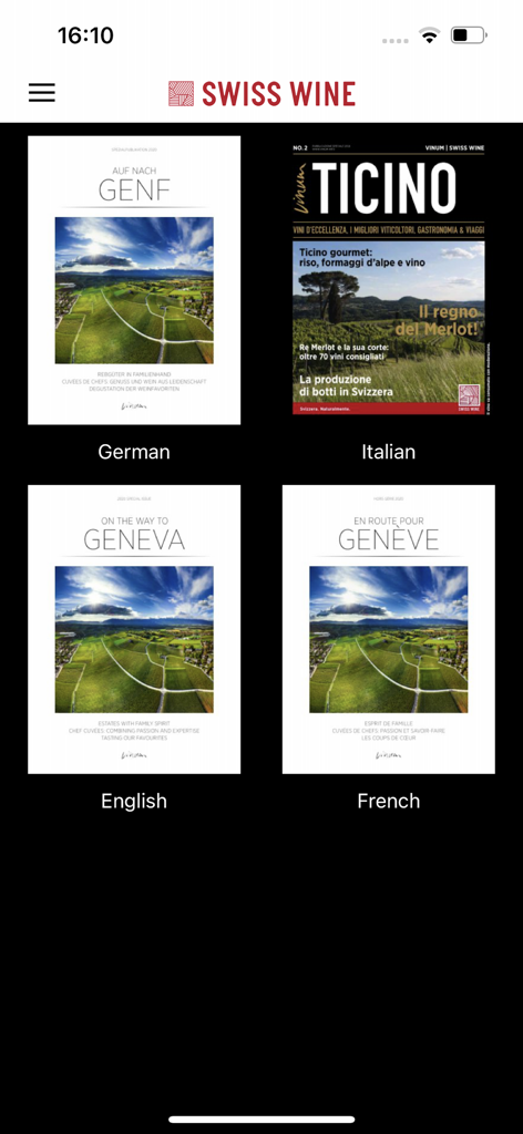 Interfaccia dell'app Swiss Wine che mostra copertine di riviste digitali in tedesco, italiano, inglese e francese.