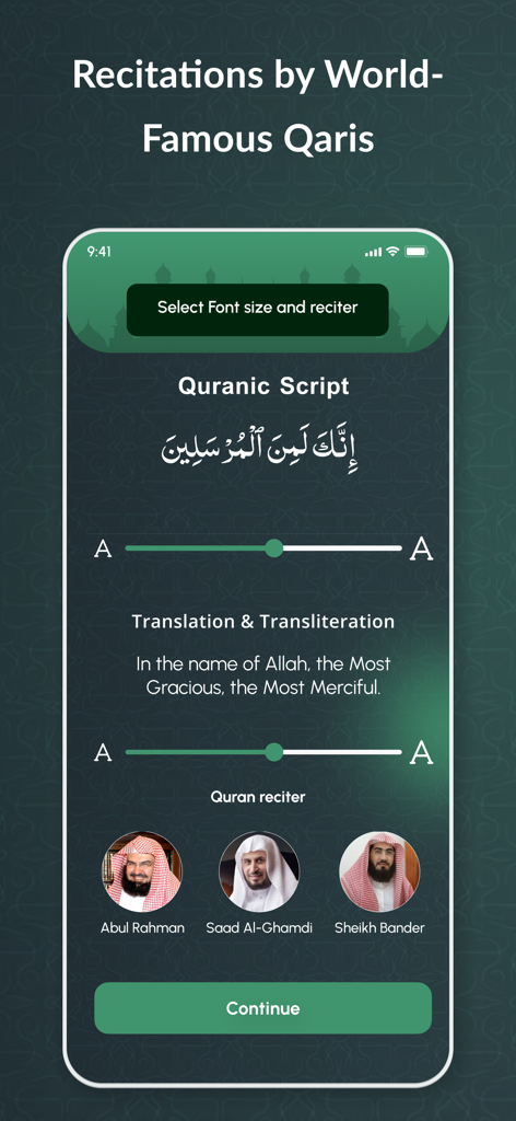 Quran Learning: AI Recitation - Interface of the Quran Learning app for selecting world famous reciters and adjusting font sizes for script and translation