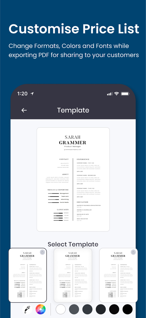 Mobile app interface showing various professional document templates and color customization options for price list export