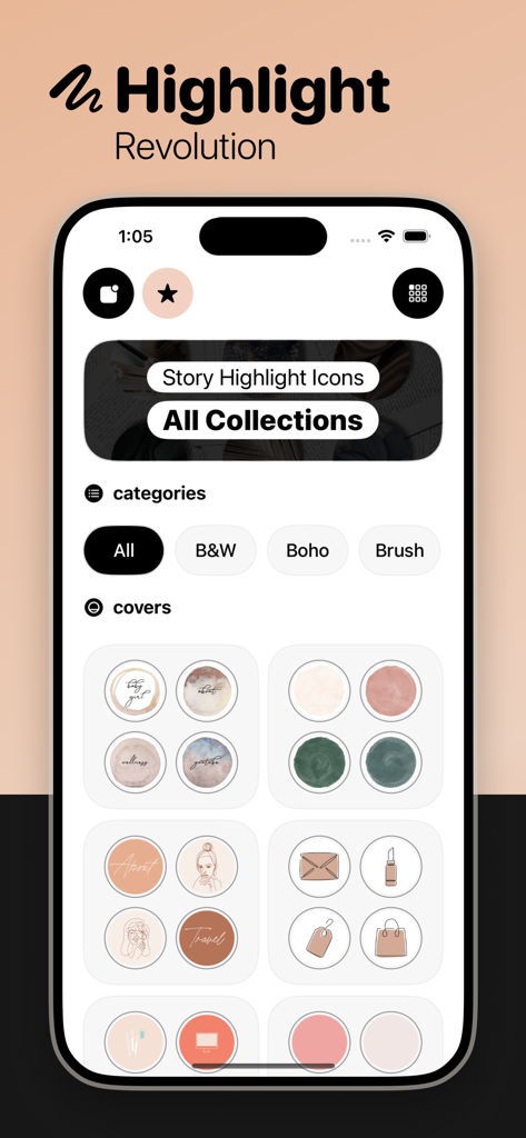 Story Studio - Cover Art Maker - App interface displaying a collection of aesthetic Instagram story highlight covers and icons