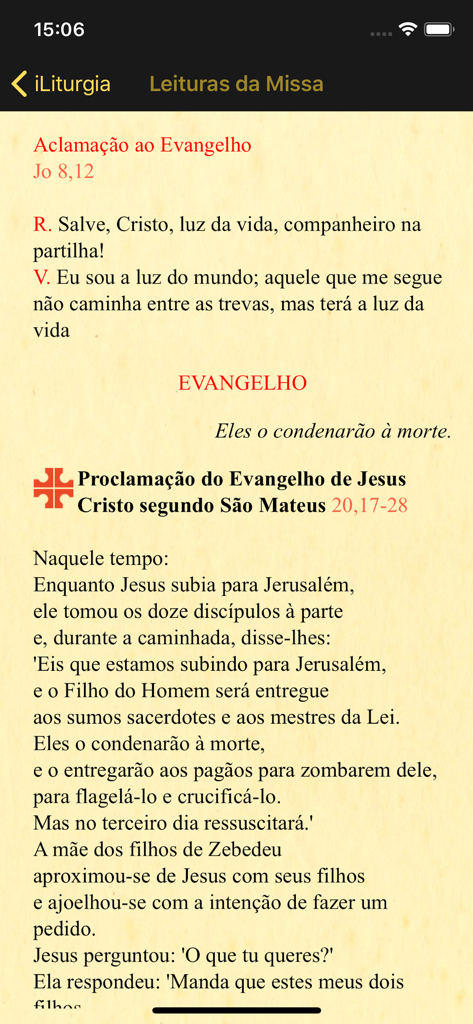 iLiturgia - Leituras da Missa Católica e texto do Evangelho em português na interface do aplicativo iLiturgia.