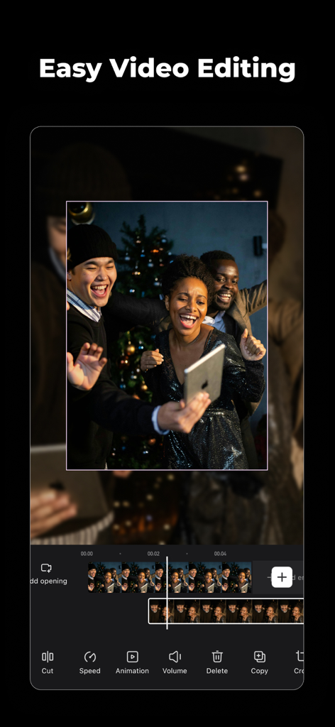 Smartphone-Oberfläche des Wink-Videoeditors, die eine Videoleiste und verschiedene Bearbeitungswerkzeuge zeigt.