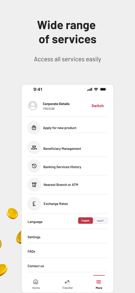 BM Online Business - A menu screen within the BM Online Business app showing banking services such as beneficiary management and exchange rates.