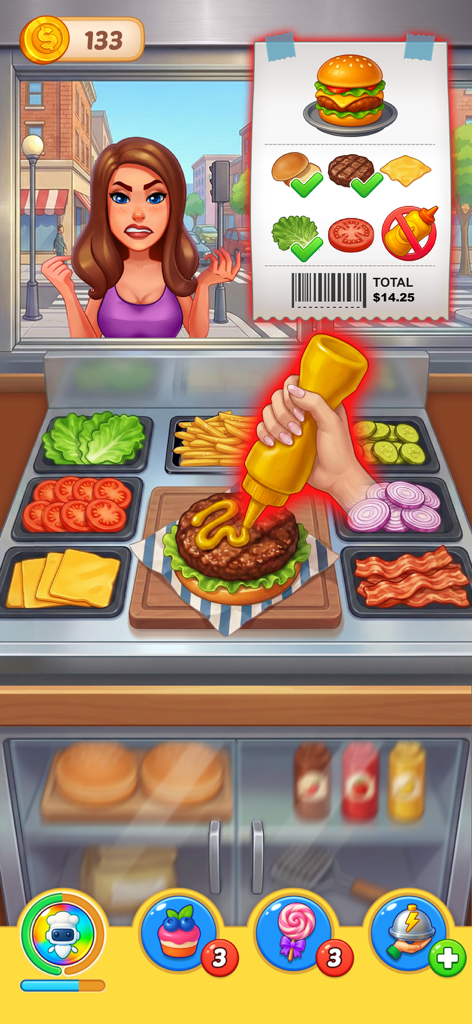 Cooking Crush Cooking Games - A chef adds mustard to a burger while following an order slip in the Cooking Crush restaurant game
