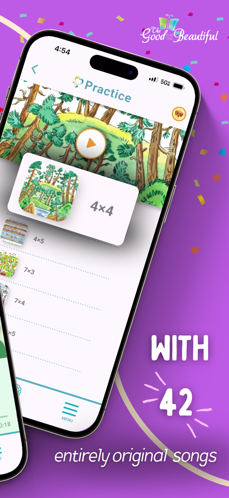 Musical Multiplication - iPhone screen showing multiplication practice levels with hand drawn illustrations and a list of equations