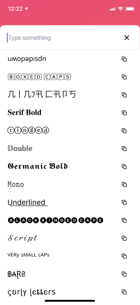 A mobile interface showing a variety of decorative and artistic font styles including boxed, circled, and script text.