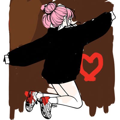 realistic girl jumping with a bun and oversized sweatshirt