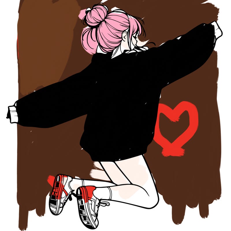 realistic girl jumping with a bun and oversized sweatshirt