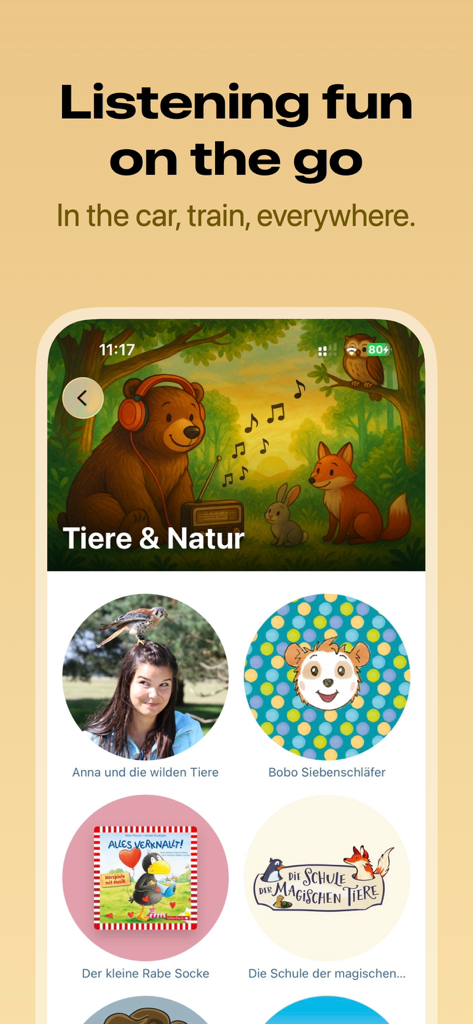 HörBär - Kids Stories - Interfaz de la aplicación HorBar que muestra categorías de cuentos para niños para escuchar en el coche y mientras viajan